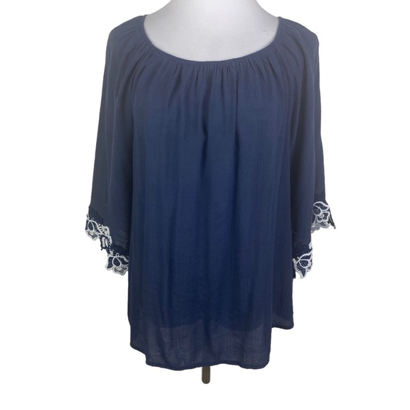 Unique Spectrum Off Shoulder Embroidered Floral Cuff Blouse Women's 1X Blue - Picture 2 of 8